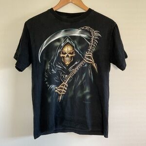 Y2K 2007 Hero Buff Grim Reaper Skull Double Sided T Shirt Sz M Black Rock Biker